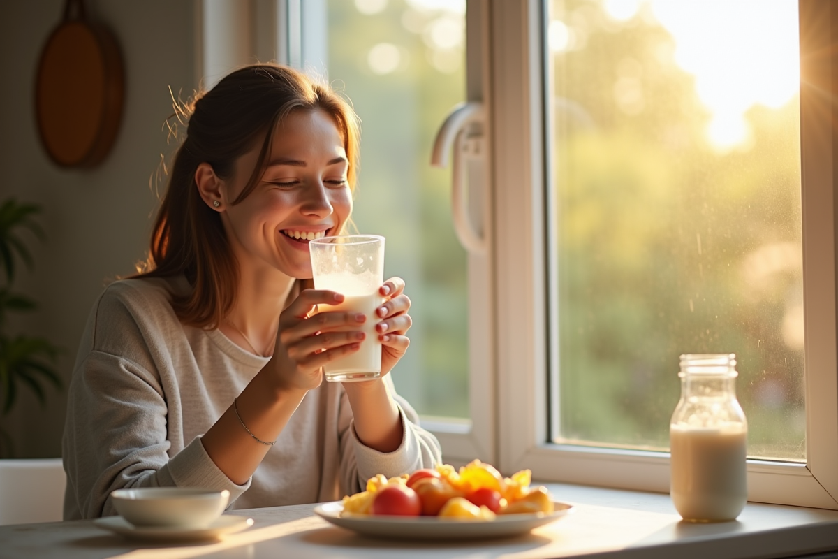 Jeune femme dégustant un verre de lait et aliments vitaminés