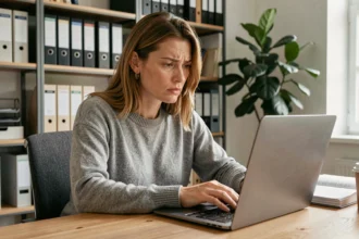 Femme analysant la sécurité de ses fichiers privés sur un ordinateur portable dans un bureau à domicile