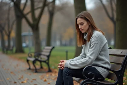 Femme seule sur un banc de parc en automne, visage pensif, illustrant la souffrance d'un amour toxique et d'une relation impossible avec une âme sœur