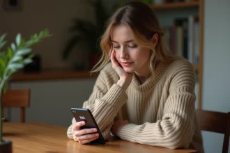 Jeune femme regardant son smartphone avec 22h22 affiché