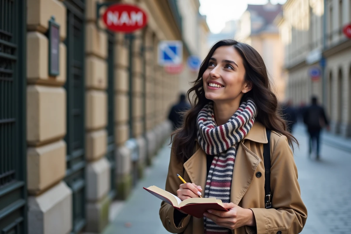 Jeune femme dans la rue avec un livre de mots croises