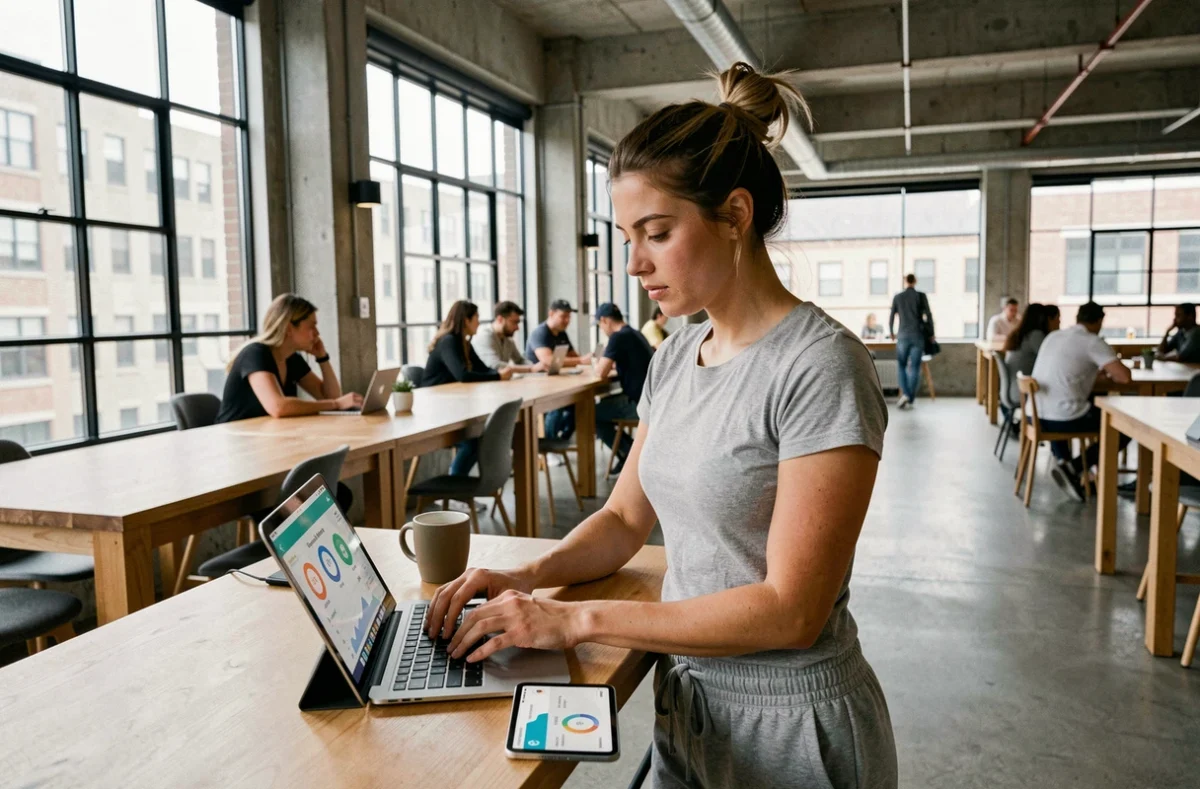 Jeune femme speedrunner codant debout dans un espace de coworking moderne avec un chronomètre sur tablette