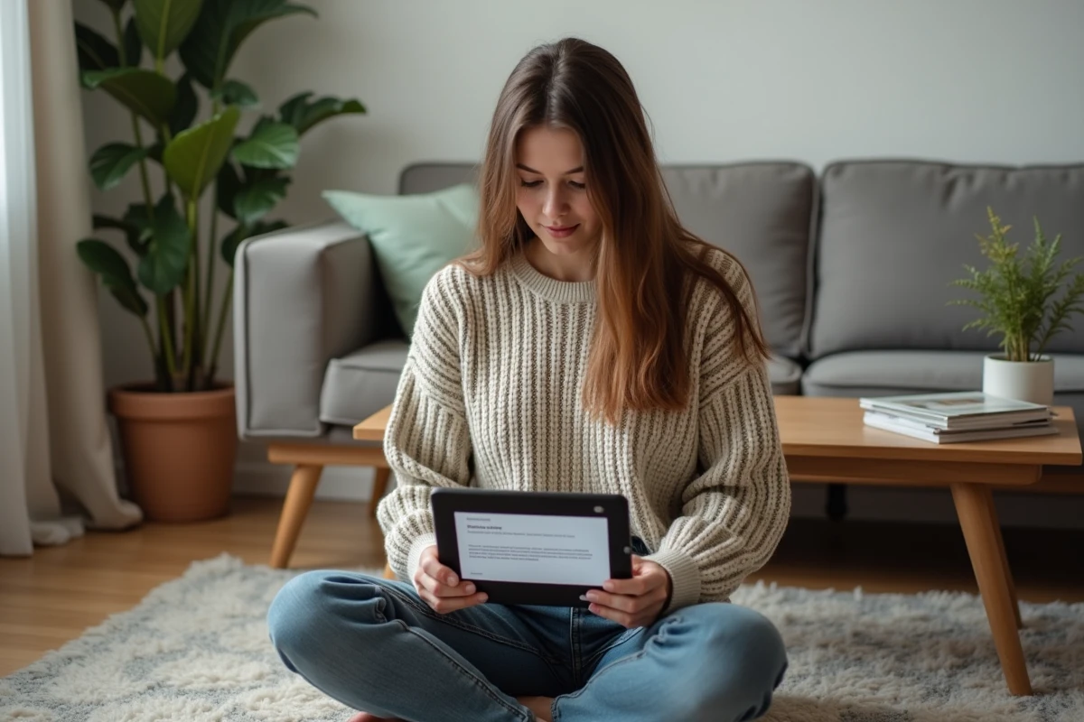 Jeune femme avec une erreur sur sa tablette dans un salon