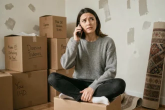 Femme en train d'appeler le service clients Sosh depuis son appartement en cours de déménagement, entourée de cartons