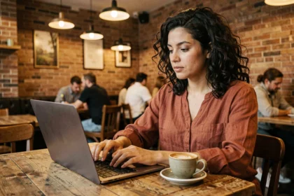 Femme travaillant sur un ordinateur portable dans un coffee shop cosy avec WiFi, ambiance chaleureuse et murs en briques apparentes