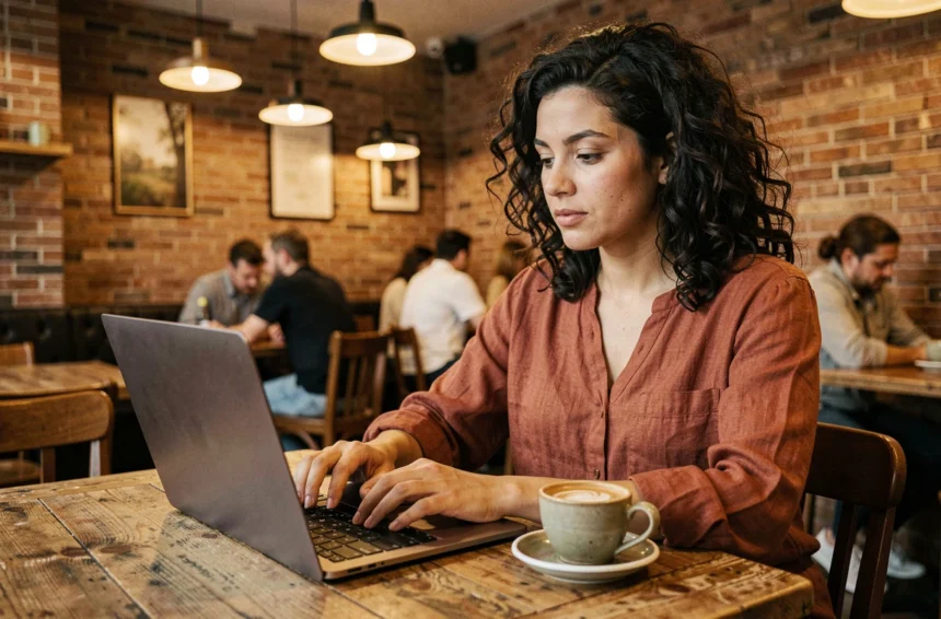 Femme travaillant sur un ordinateur portable dans un coffee shop cosy avec WiFi, ambiance chaleureuse et murs en briques apparentes