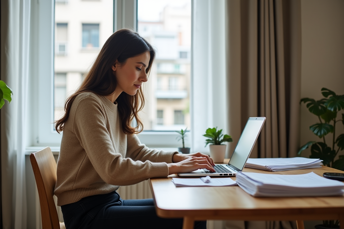 Jeune femme travaillant sur son ordinateur à la maison