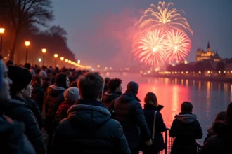 Foule réunie au bord du Rhône à Lyon pour le feu d'artifice du Nouvel An 2026