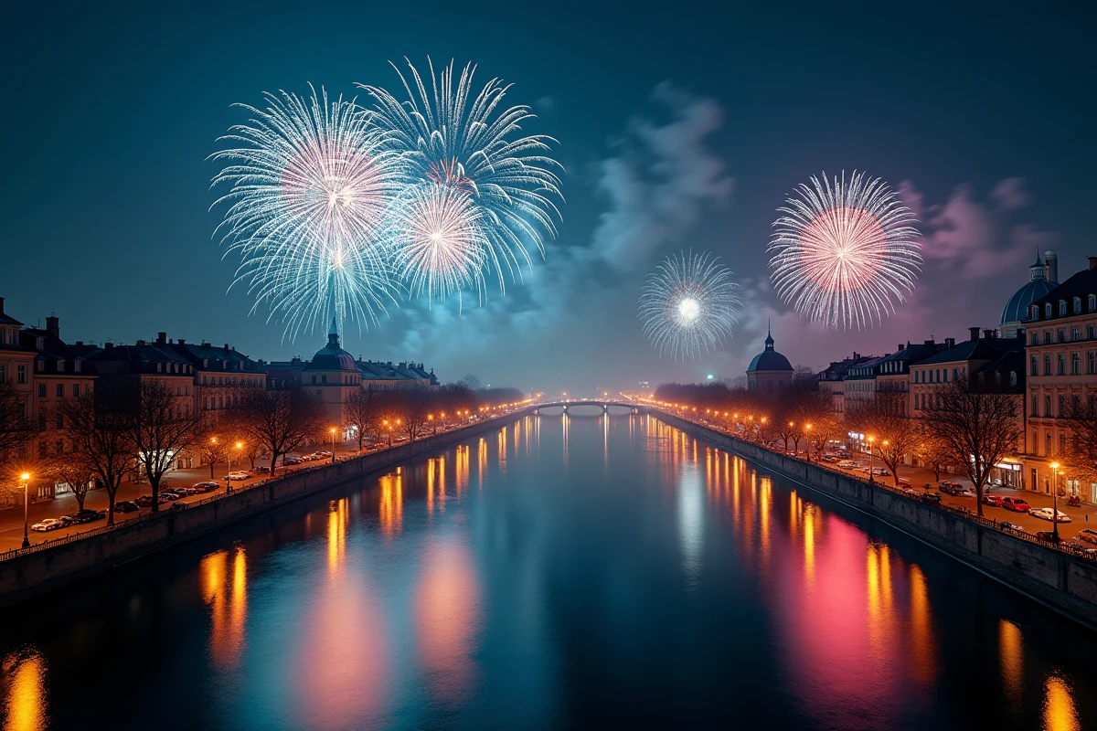 Feu d'artifice coloré éclatant au-dessus de la Presqu'île de Lyon lors du réveillon 2026