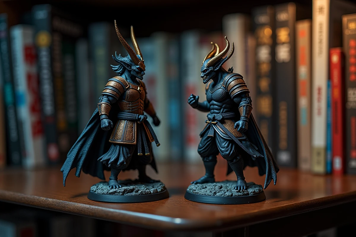 Figurines collector d'un Hashira et d'une Lune démoniaque du manga Demon Slayer en face à face sur une étagère de collectionneur