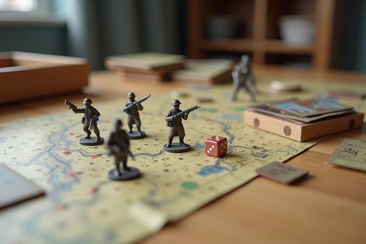 Gros plan sur des figurines militaires peintes et cartes de jeu de stratégie de guerre tour par tour en cours de partie