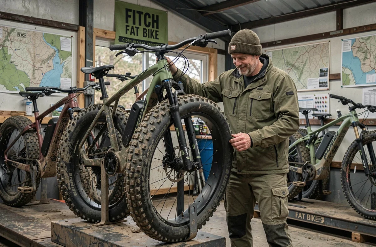 Propriétaire du magasin Fitch Fat Bike examinant un fat bike électrique à gros pneus dans une boutique au style aventurier
