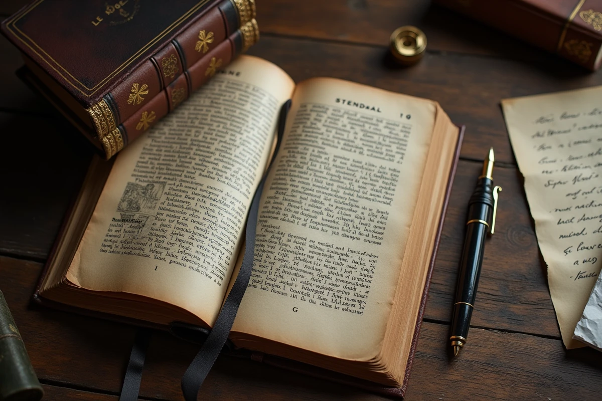 Flat-lay d'une édition ancienne du Rouge et le Noir de Stendhal avec plume et lettre manuscrite sur table en bois