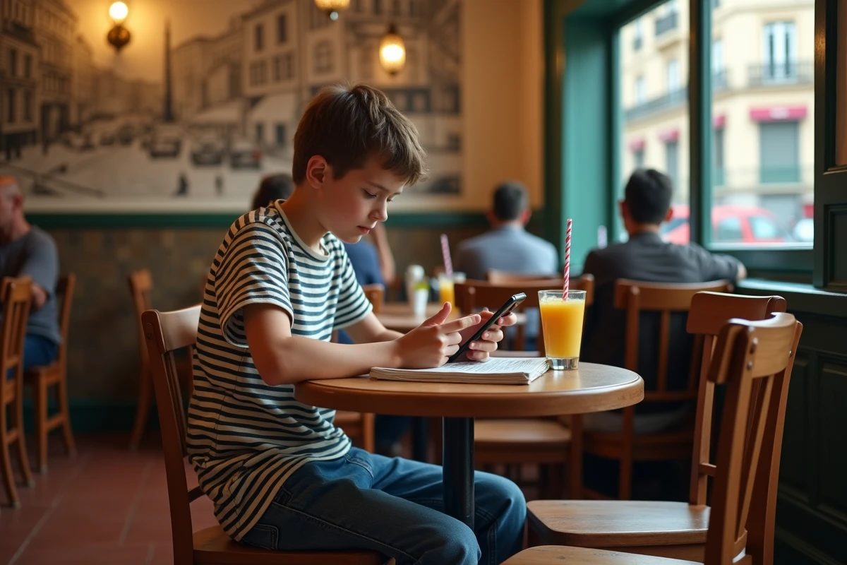 Adolescent au café regardant manga sur son smartphone