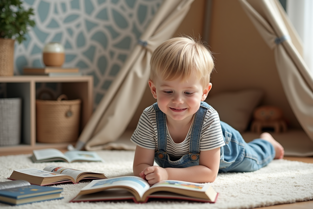 Garçon curieux lisant des livres dans un coin lecture scandinave