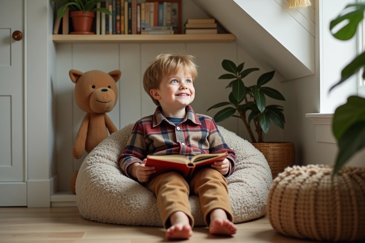 Garçon lisant dans un coin lecture sous l
