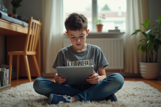 Garçon de 12 ans concentré sur sa tablette dans sa chambre