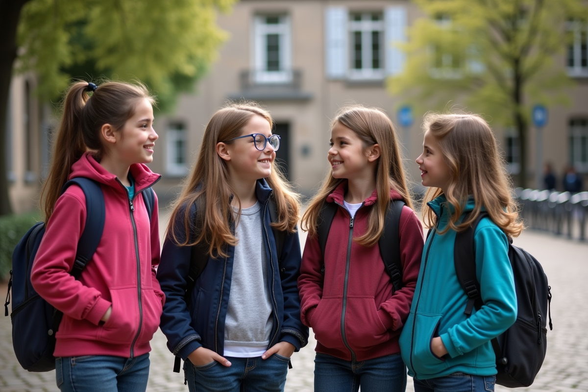 Groupe de filles françaises discutant dehors devant une école