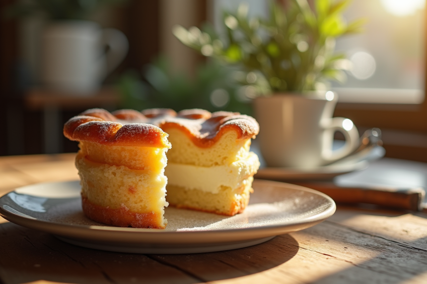 Gâteau Basque fraîchement tranché sur une table en bois