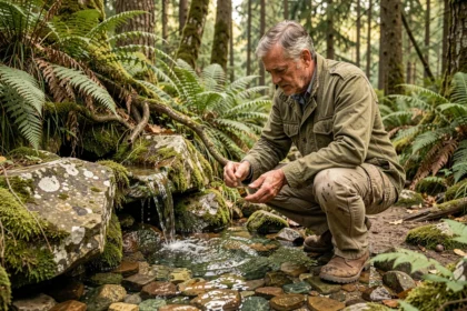 Géologue collectant un échantillon d'eau de source naturelle en forêt tempérée, illustrant la ressource naturelle eau