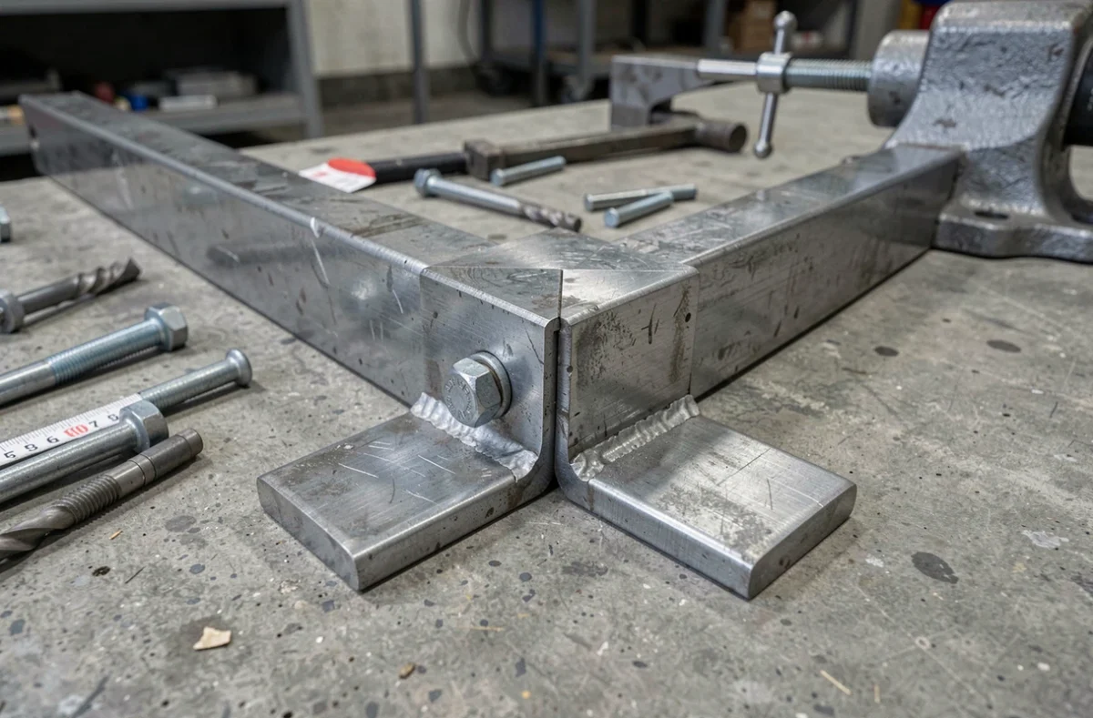 Gros plan sur l'assemblage de cornières en L acier boulonnées sur un établi béton avec outils de bricolage