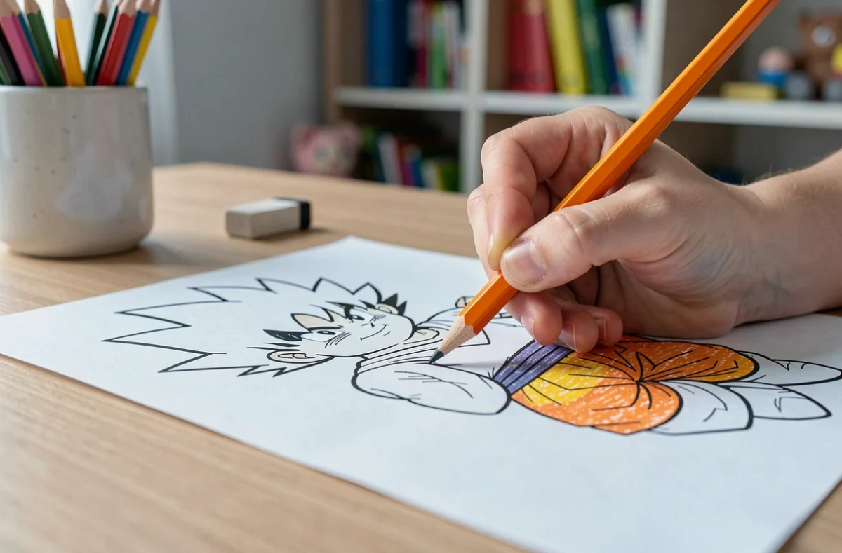 Gros plan sur une main d'enfant coloriant un dessin Dragon Ball Z au crayon de couleur orange