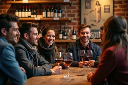 Groupe d'amis dégustant du vin dans un bar à Toulouse