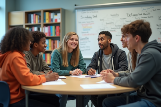 Groupe d'élèves divers en discussion en classe