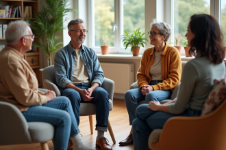 Groupe de personnes adultes en discussion dans une salle lumineuse