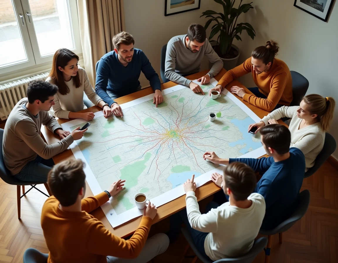 Groupe de voyageurs planifiant un itinéraire sur une grande carte RER dépliée