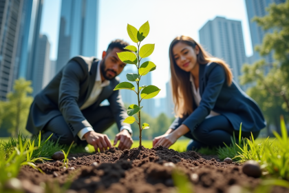 Professionnels plantant un arbre en ville pour l investissement durable