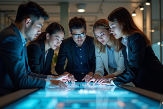 Groupe de jeunes professionnels discutant de visualisations de données modernes