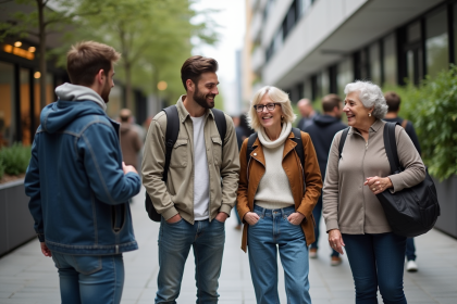 Groupe de jeunes et seniors dans une rue urbaine animée