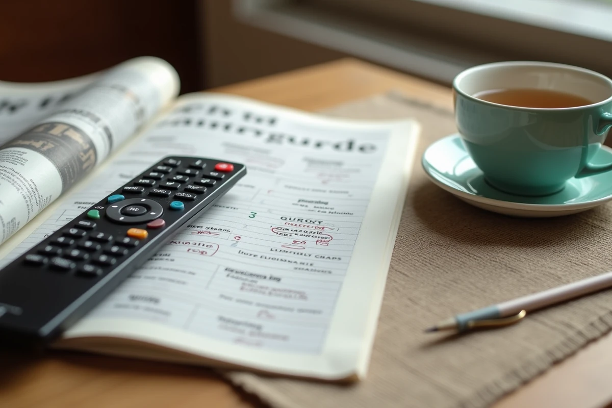 Guide TV programme du soir avec télécommande et tasse de thé sur une table en bois