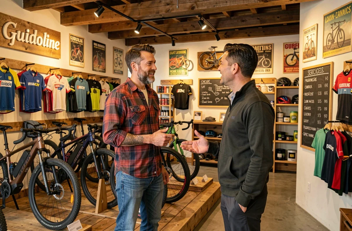 Vendeur passionné de la boutique Guidoline discutant avec un client devant une sélection de vélos électriques de route dans un cadre chaleureux