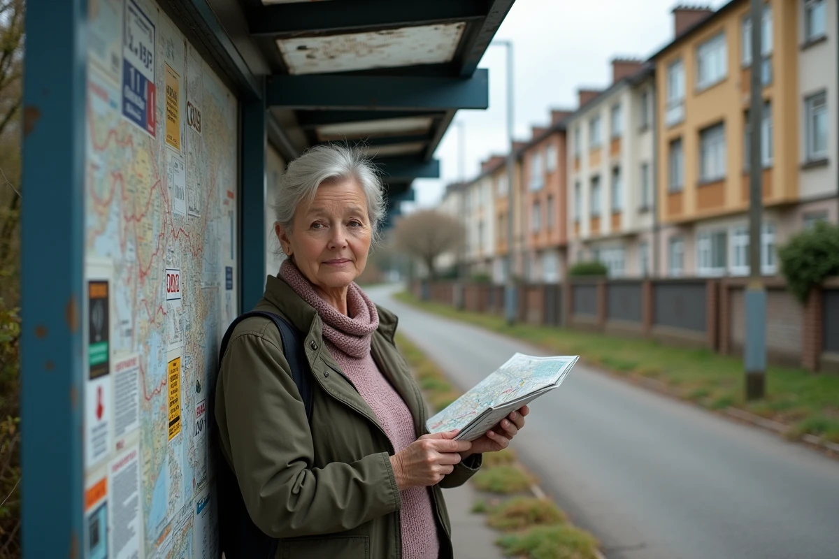 Femme consultant une carte dans un quartier populaire de Marseille près d'un arrêt de bus dégradé