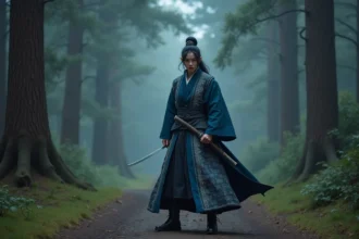 Cosplayeur en tenue de Hashira du manga Demon Slayer en position de combat dans une forêt brumeuse au crépuscule