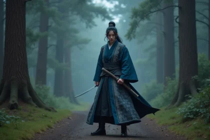 Cosplayeur en tenue de Hashira du manga Demon Slayer en position de combat dans une forêt brumeuse au crépuscule