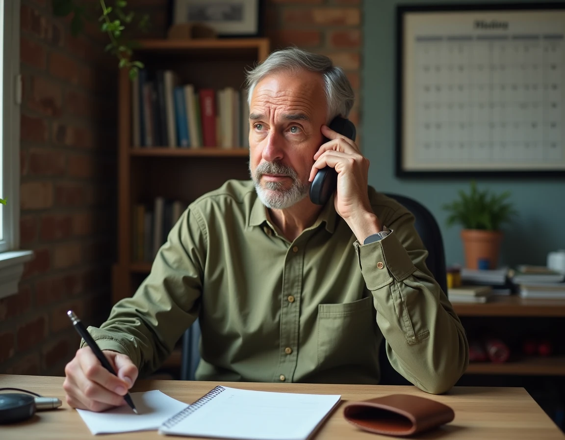 Homme d'âge mûr au téléphone avec un voyant économique, assis dans un bureau à domicile avec un carnet de notes