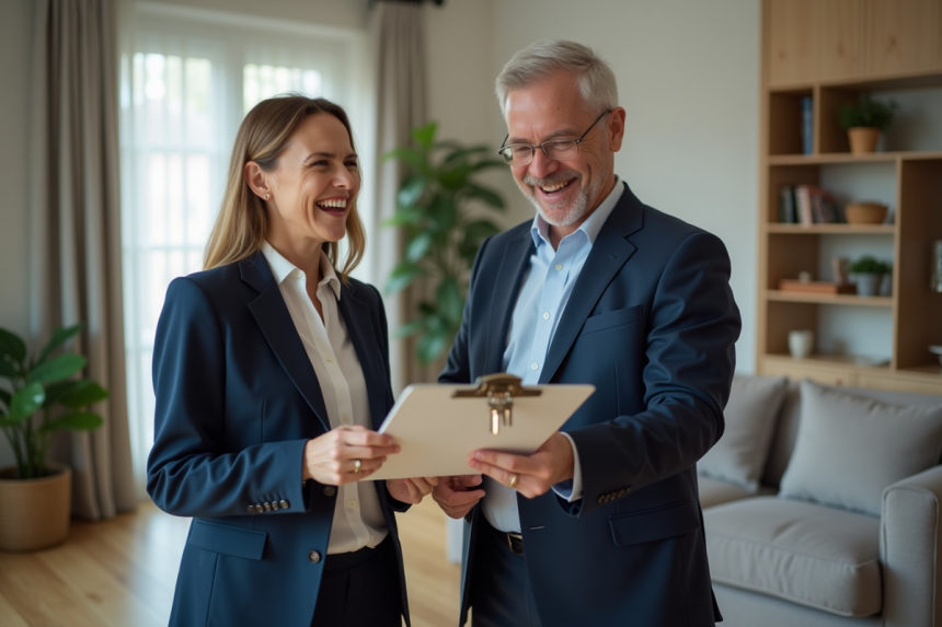Homme en costume bleu avec clés et contrat immobilier