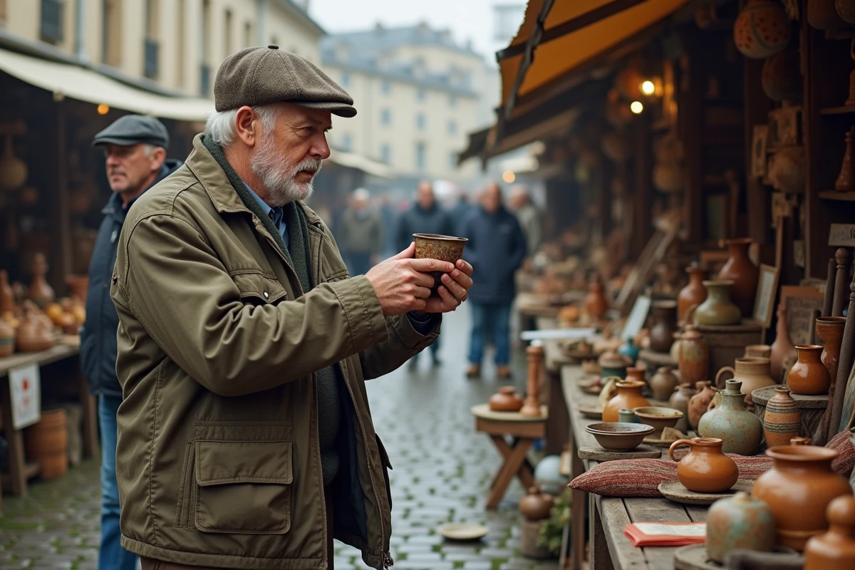 Homme examinant des objets chinés dans une brocante en plein air dans le Pas-de-Calais