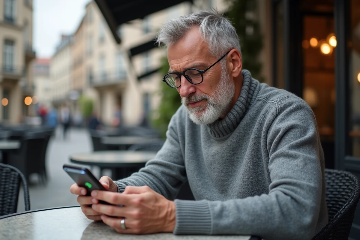 Homme composant un numéro international vers la Grèce sur smartphone dans un café