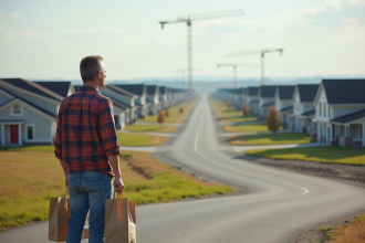 Homme d'âge moyen regardant vers la construction de maisons neuves