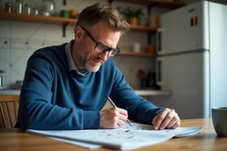 Homme d'âge moyen résolvant un mot croisé dans un journal
