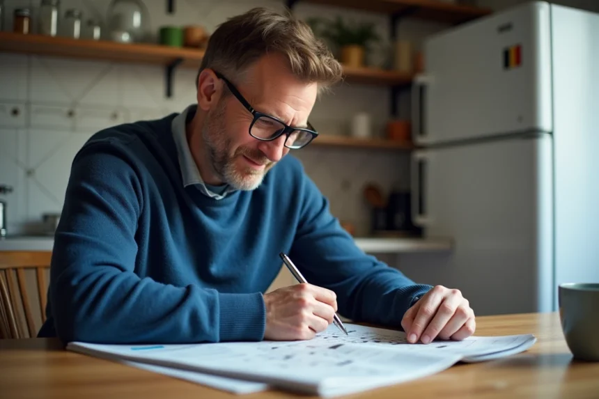 Homme d'âge moyen résolvant un mot croisé dans un journal