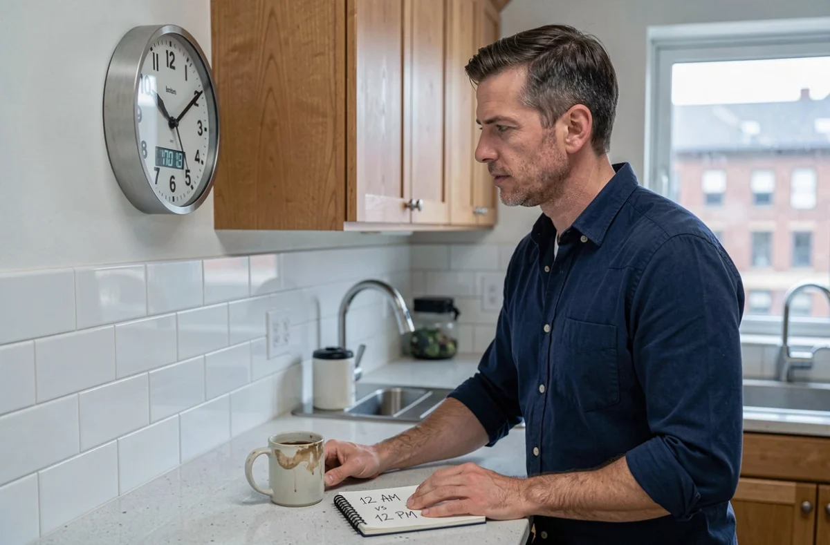 Homme dans une cuisine regardant une horloge murale et prenant des notes sur la signification de AM et PM
