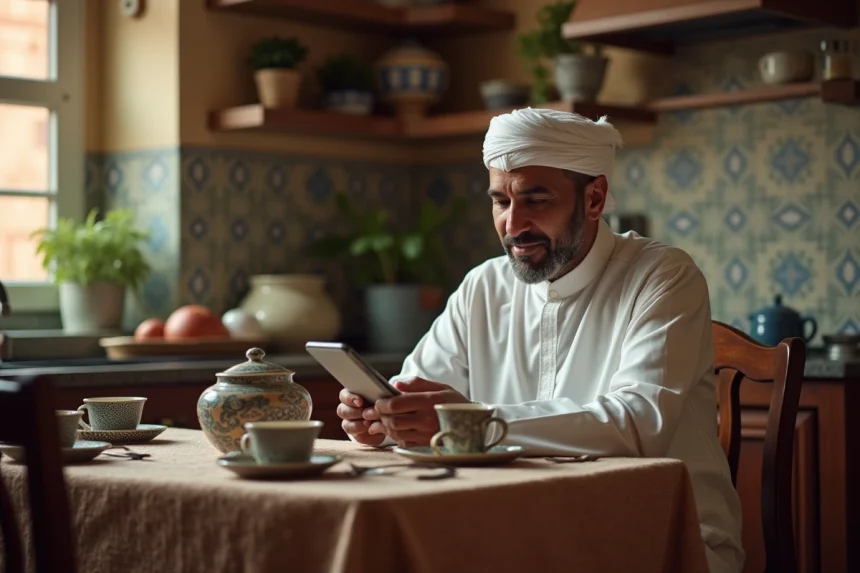 Homme en djellaba priant au petit déjeuner à Bondy