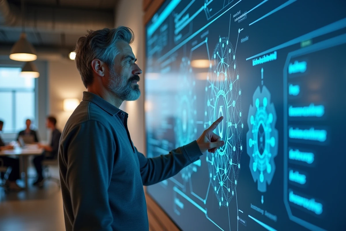 Homme en startup devant un écran mural interactif représentant des algorithmes d'association de mots et des réseaux sémantiques liés à l'IA
