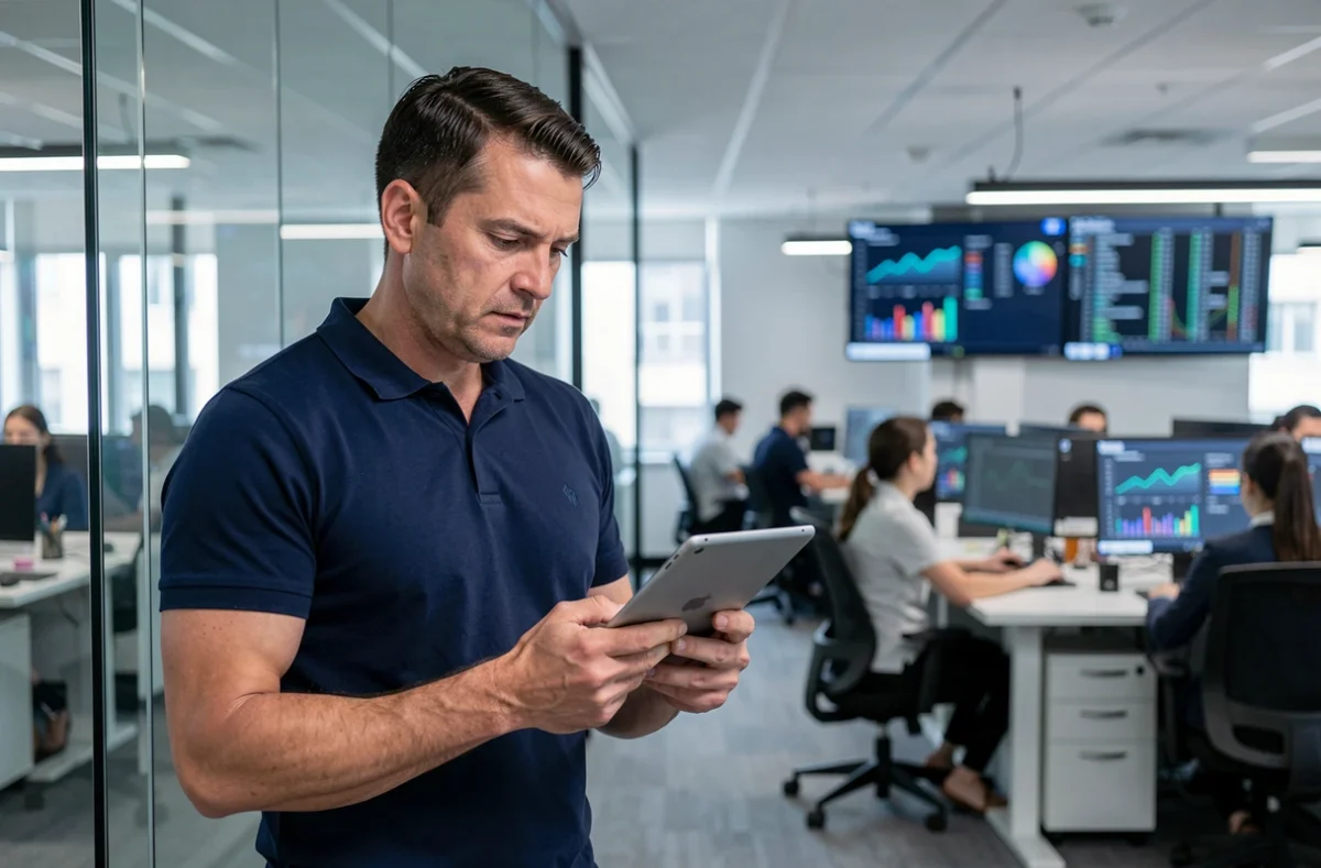 Homme en entreprise consultant une tablette pour évaluer les risques liés au stockage de vidéos privées en ligne