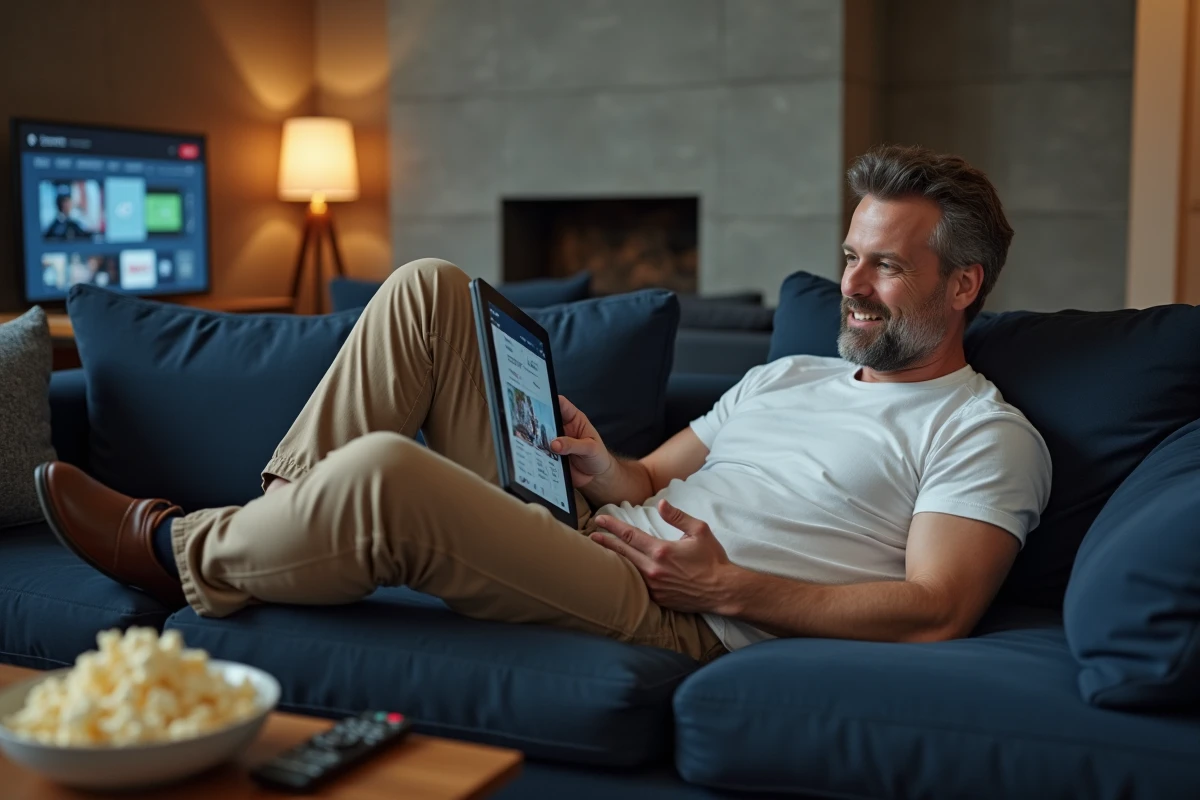 Homme allongé sur un canapé bleu consultant un guide des programmes télévisés sur tablette un après-midi